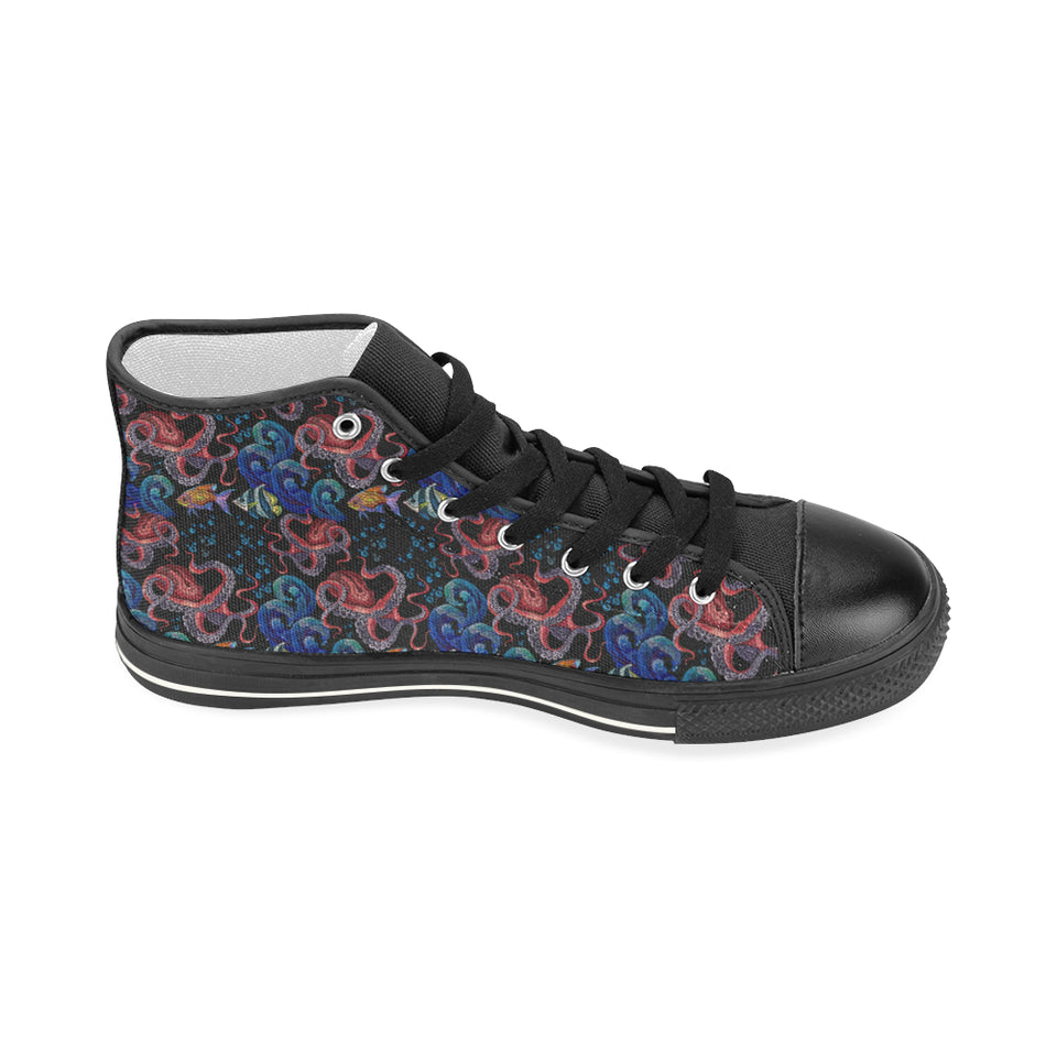 Octopus sea wave tropical fishe pattern Women's High Top Canvas Shoes Black