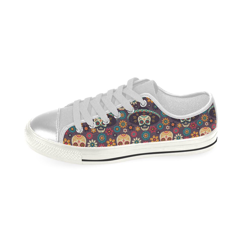 Sugar skulls flower maxican pattern Women's Low Top Canvas Shoes White