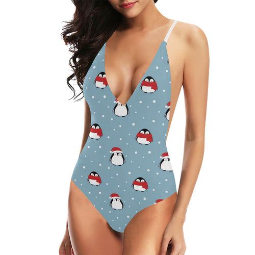 Cute penguin christmas snow pattern Women's One-Piece Swimsuit