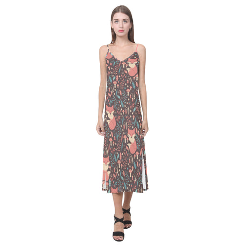 fox leaves mushroom pattern V-Neck Open Fork Long Dress