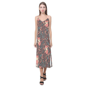 fox leaves mushroom pattern V-Neck Open Fork Long Dress