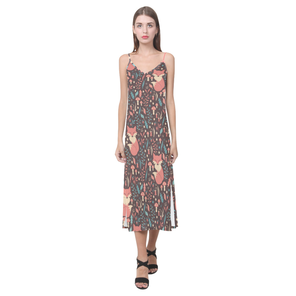 fox leaves mushroom pattern V-Neck Open Fork Long Dress