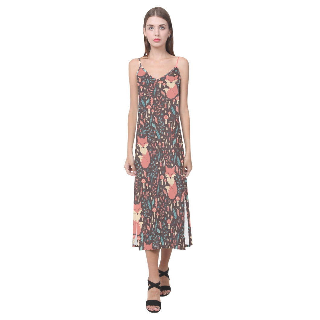 fox leaves mushroom pattern V-Neck Open Fork Long Dress