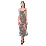 fox leaves mushroom pattern V-Neck Open Fork Long Dress