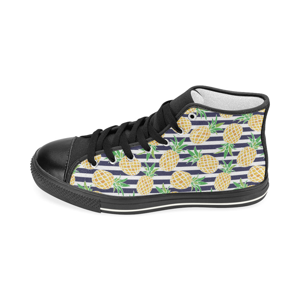 Pineapples pattern striped background Women's High Top Canvas Shoes Black
