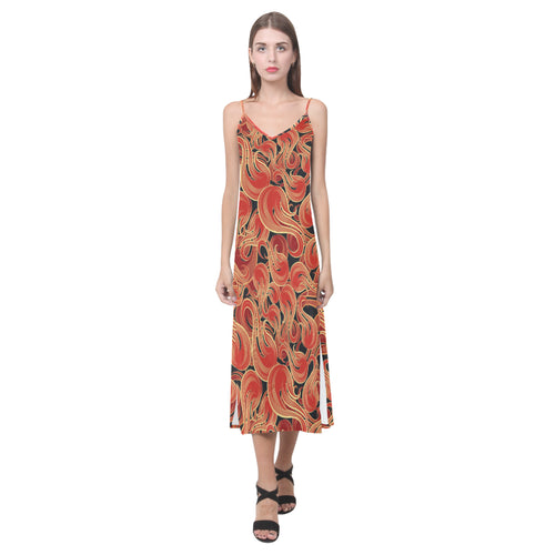 Fire flame pattern V-Neck Open Fork Long Dress