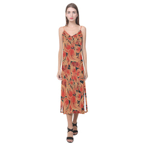 Fire flame pattern V-Neck Open Fork Long Dress