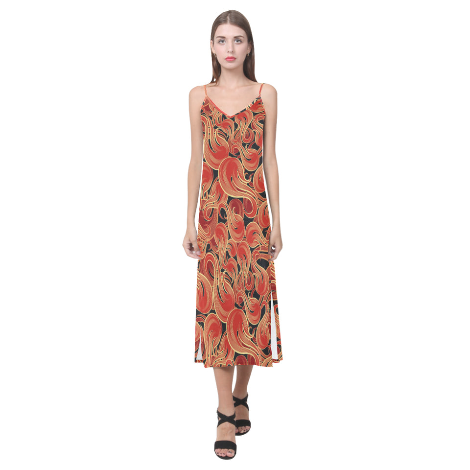 Fire flame pattern V-Neck Open Fork Long Dress