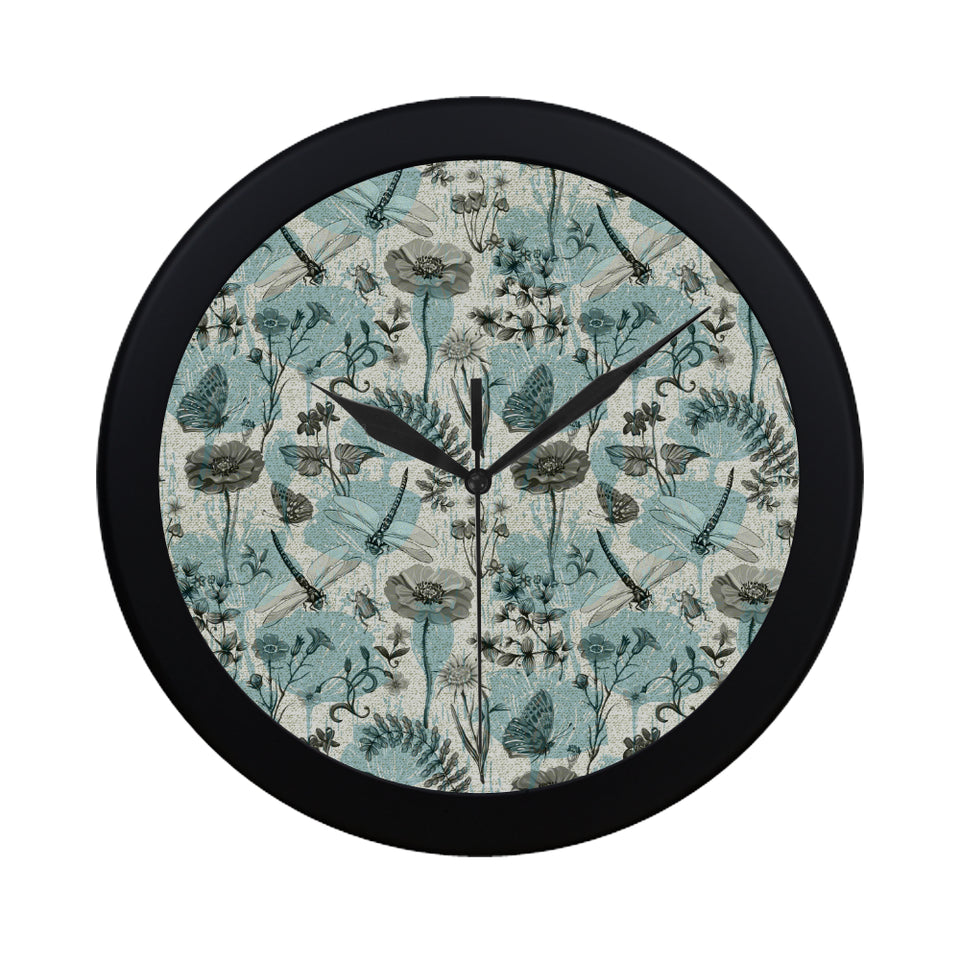 Dragonfly Butterfly Plants insect flower vintage s Elegant Black Wall Clock