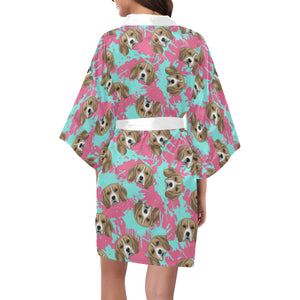 Beagle muzzles turquoise paint splashes pink patte Women's Short Kimono Robe