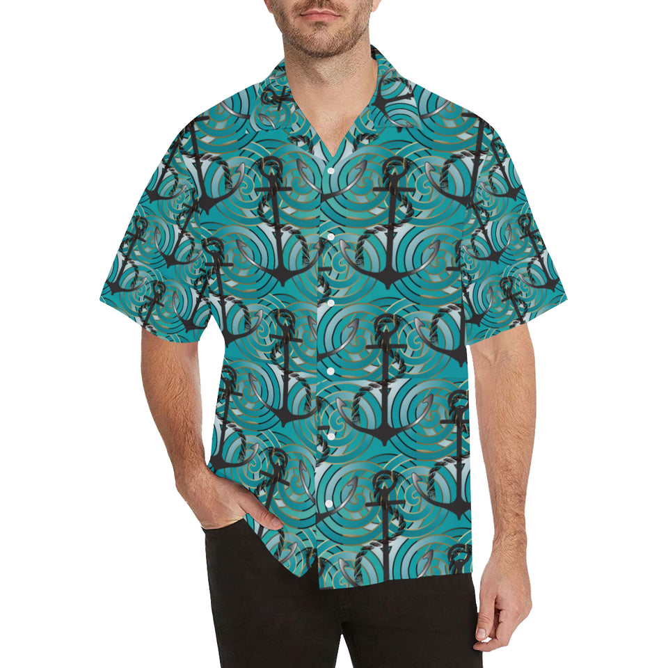 Anchor nautical green background Men's All Over Print Hawaiian Shirt