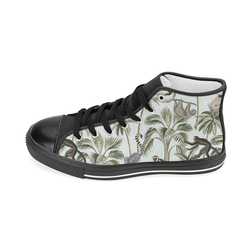 Monkey sloth lemur palm trees pattern Women's High Top Canvas Shoes Black