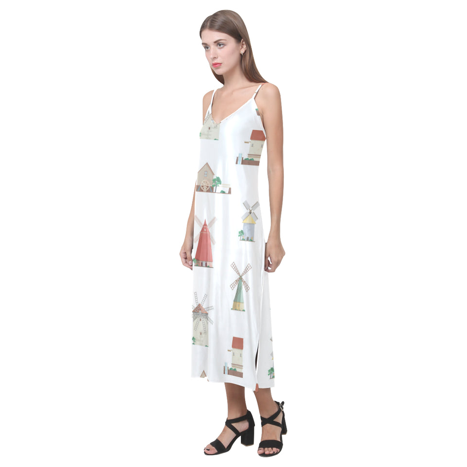 windmill design pattern V-Neck Open Fork Long Dress