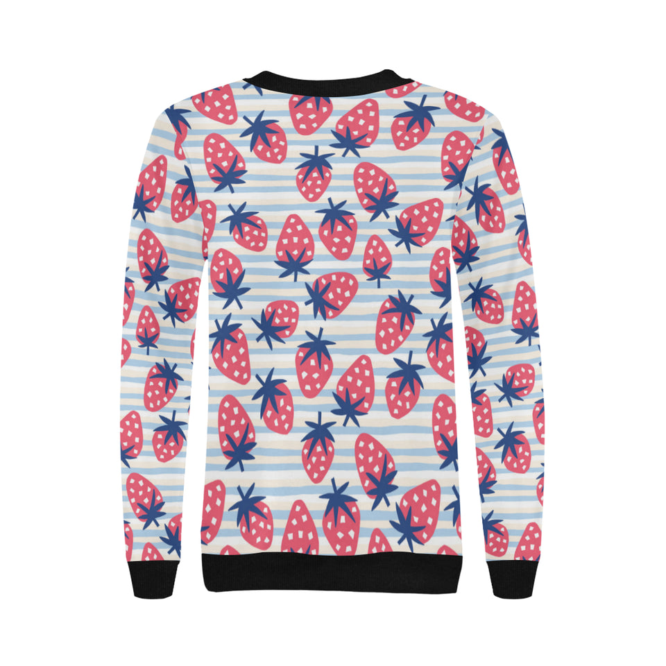 Strawberry pattern blue lines background Women's Crew Neck Sweatshirt