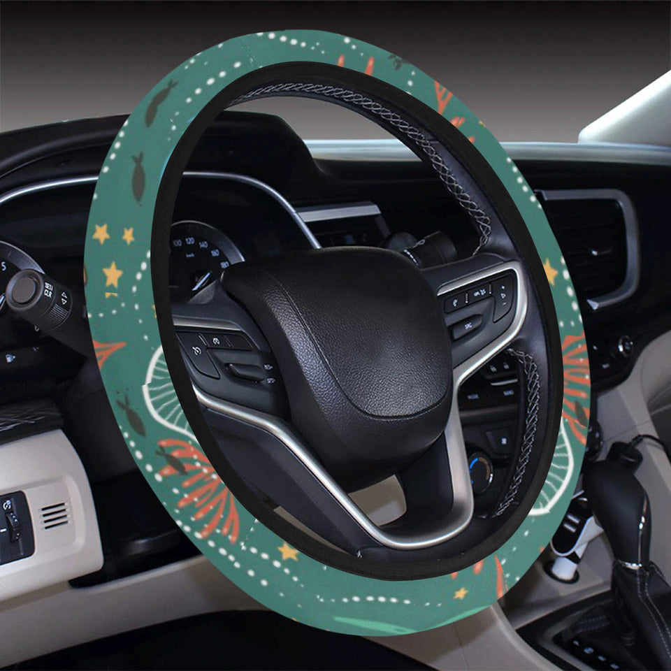 cute brown sea otters ornamental seaweed corals gr Car Steering Wheel Cover