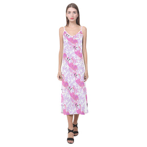 Pink flamingo flower pattern V-Neck Open Fork Long Dress