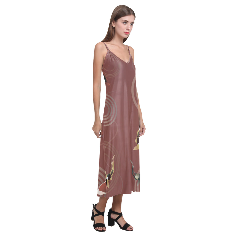 Fancy Carp red background V-Neck Open Fork Long Dress