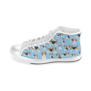 Beagle dog blue background pattern Men's High Top Canvas Shoes White