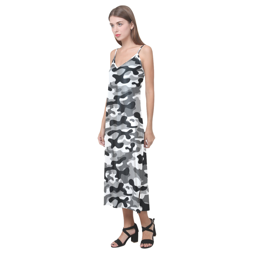 Black white camouflage pattern V-Neck Open Fork Long Dress