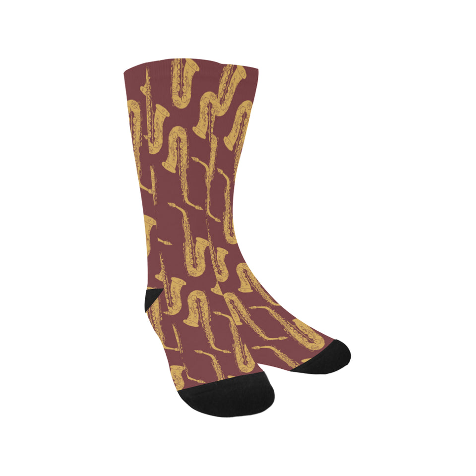 Hand drawn gold saxophone red background Crew Socks