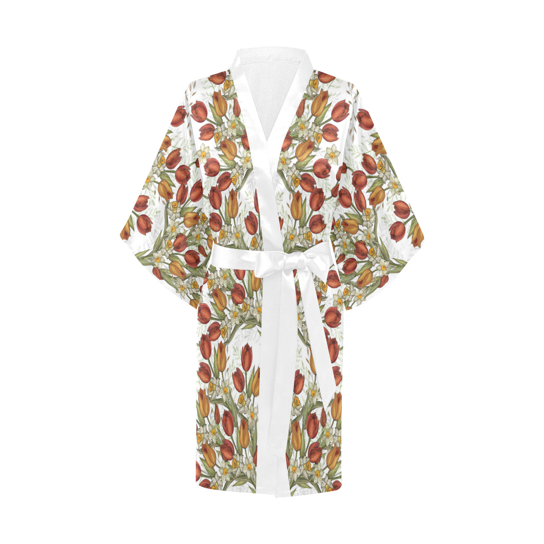 Red tulips and daffodils pattern Women's Short Kimono Robe