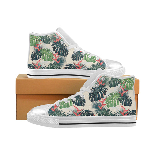 heliconia flowers, palm and monstera leaves Women's High Top Canvas Shoes White