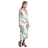 Hot Air Balloon Bird Cloud Pattern V-Neck Open Fork Long Dress