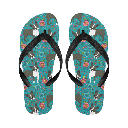 Boston terrier beautiful flower pattern Unisex Flip Flops