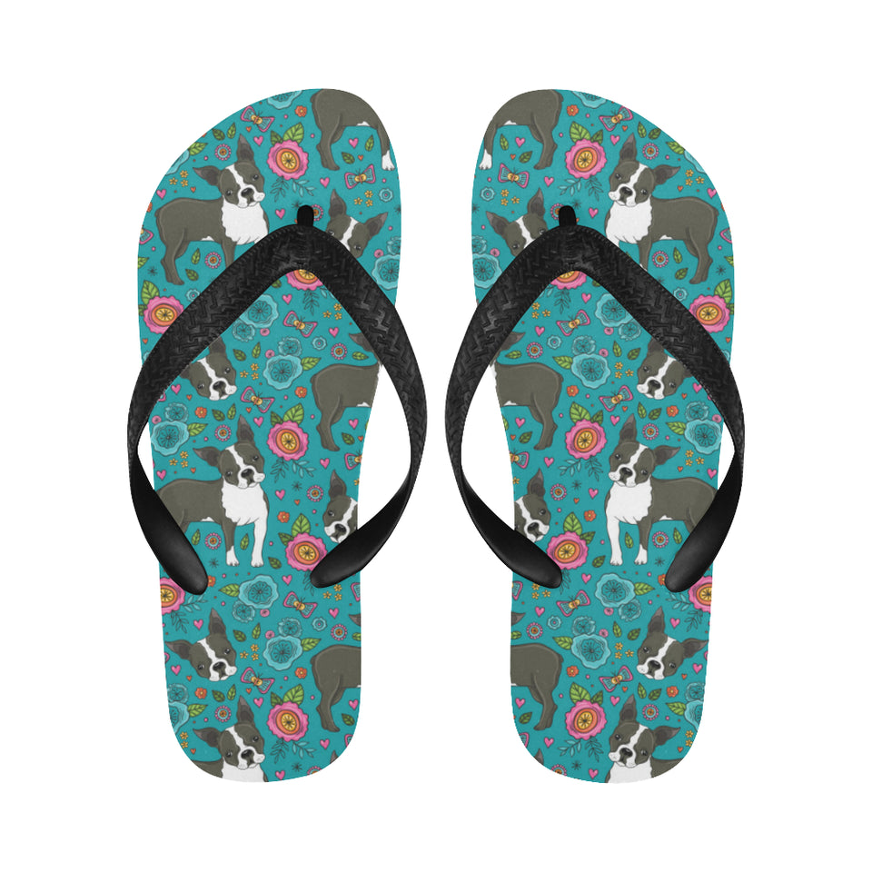 Boston terrier beautiful flower pattern Unisex Flip Flops