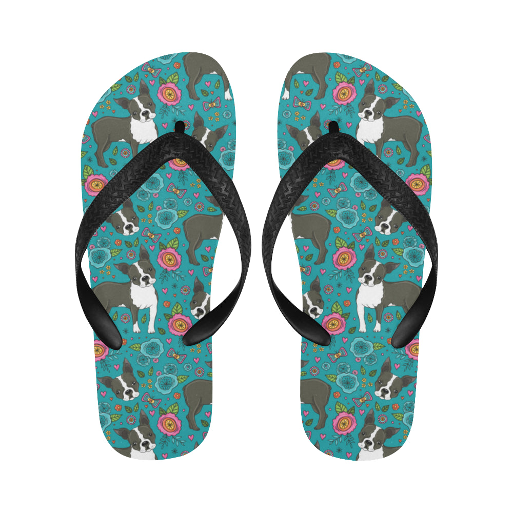 Boston terrier beautiful flower pattern Unisex Flip Flops