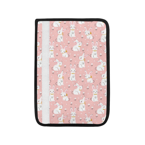 Cute white rabbit flower pink background Car Seat Belt Cover