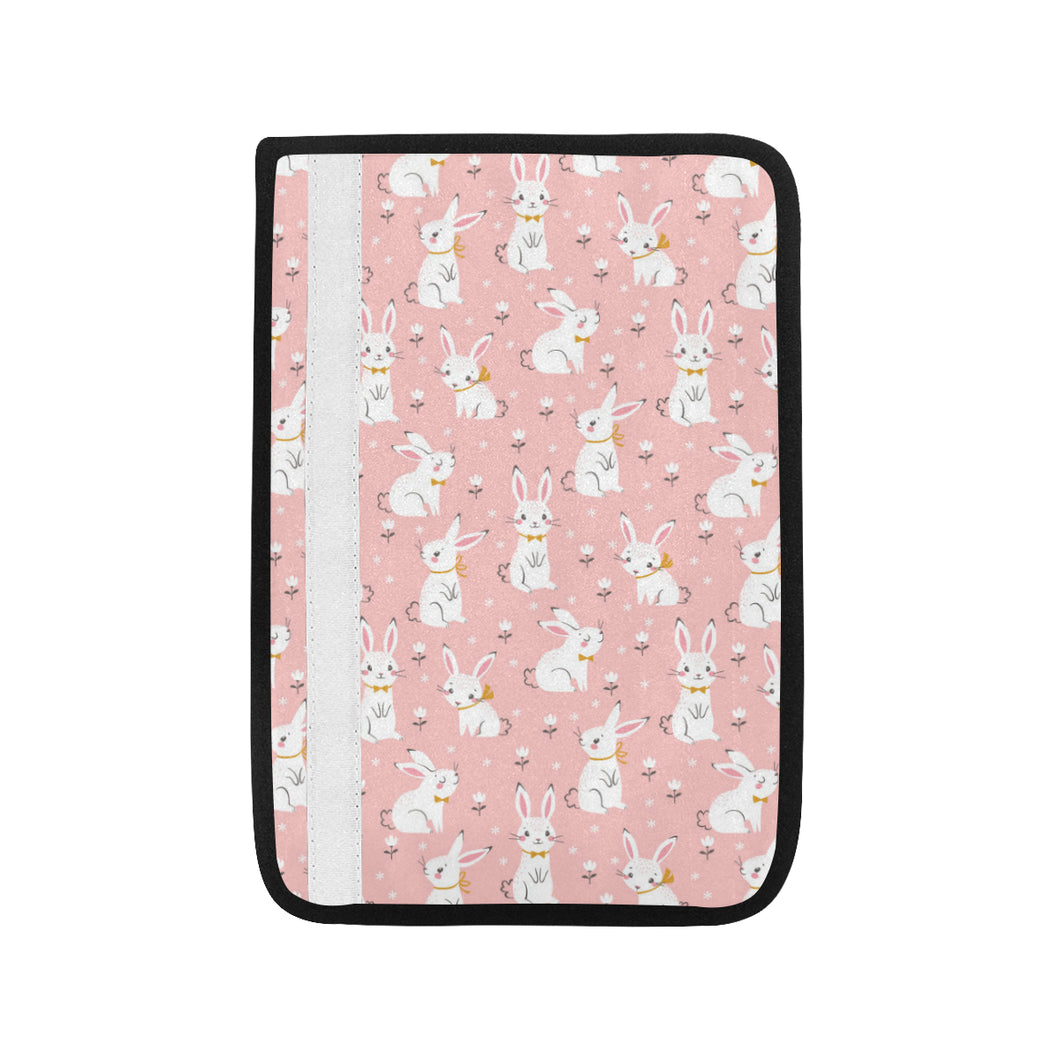 Cute white rabbit flower pink background Car Seat Belt Cover