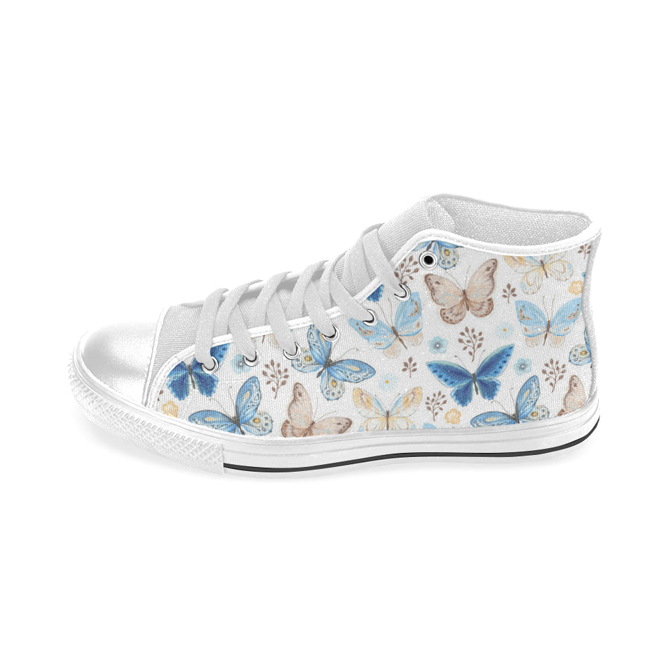 blue butterfly pattern Men's High Top Canvas Shoes White