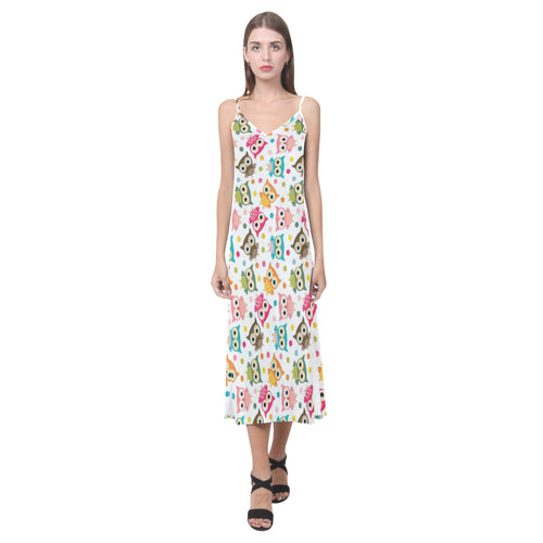 Color cute owl pattern V-Neck Open Fork Long Dress