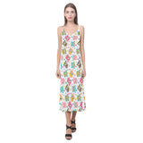 Color cute owl pattern V-Neck Open Fork Long Dress