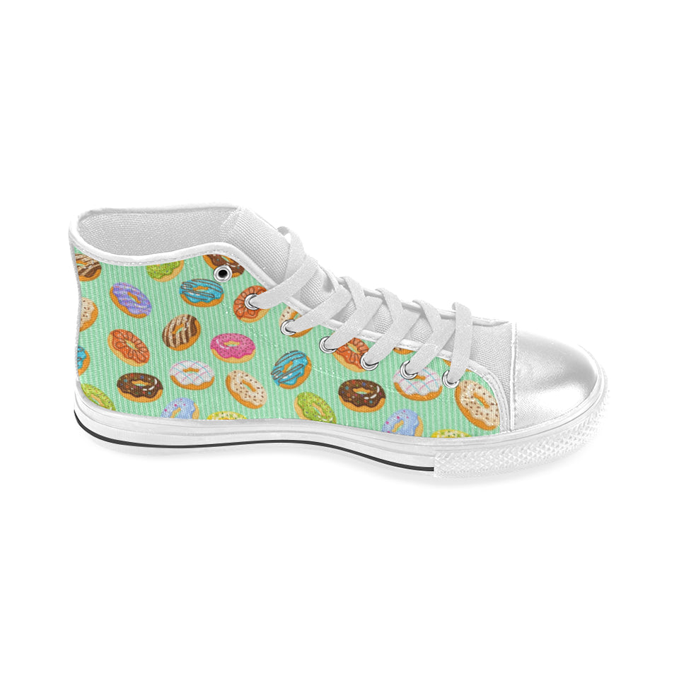 Colorful donut pattern green background Women's High Top Canvas Shoes White