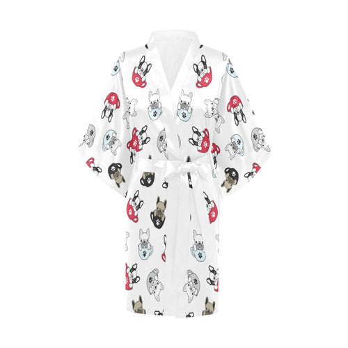 French bulldog cup paw pattern Women's Short Kimono Robe