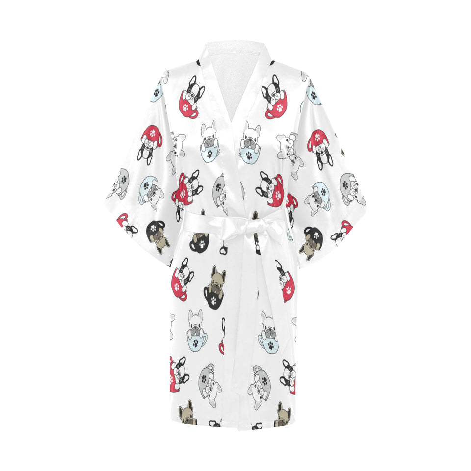French bulldog cup paw pattern Women's Short Kimono Robe