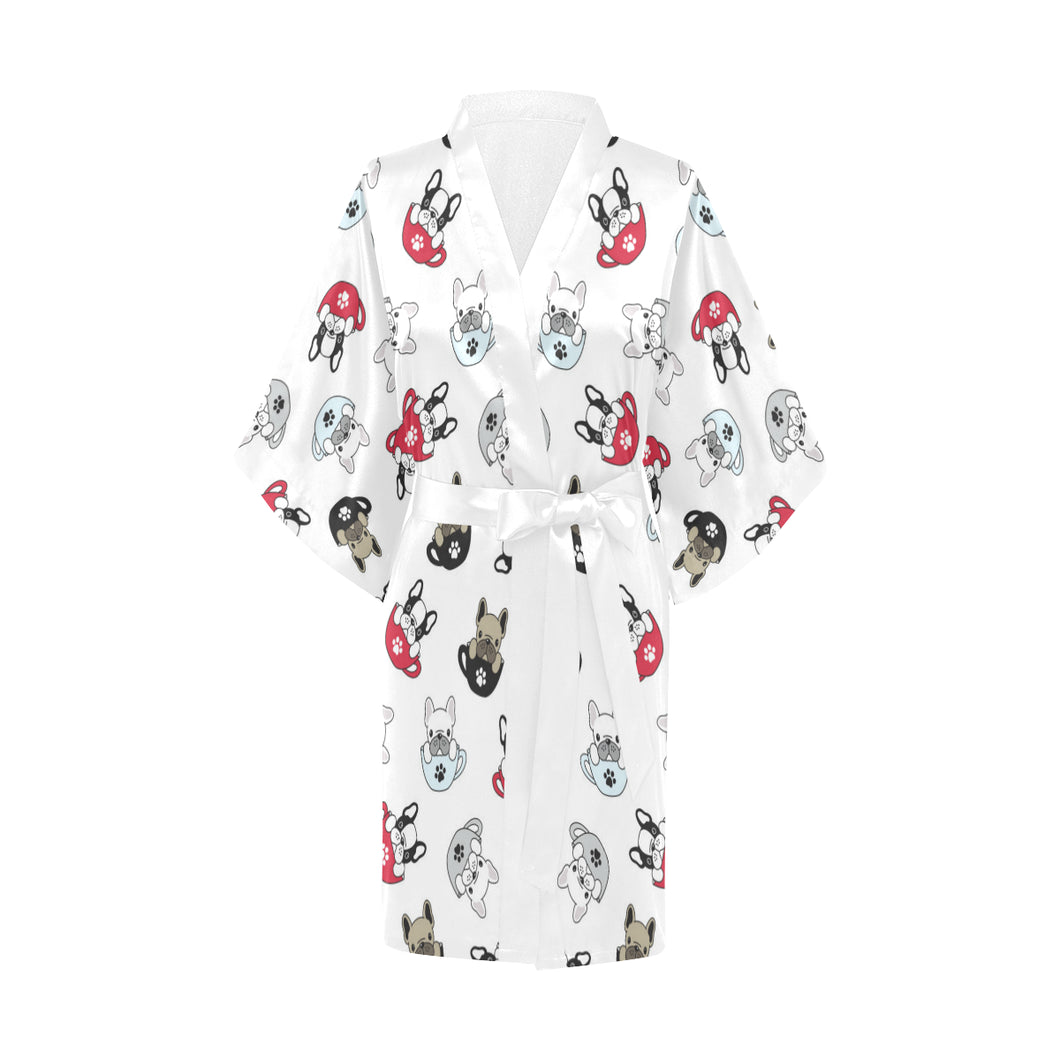 French bulldog cup paw pattern Women's Short Kimono Robe