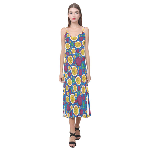 Passion fruit blue background V-Neck Open Fork Long Dress