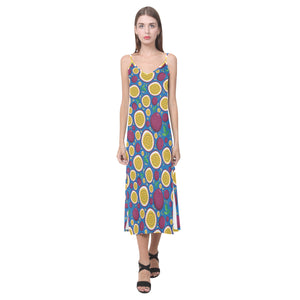 Passion fruit blue background V-Neck Open Fork Long Dress