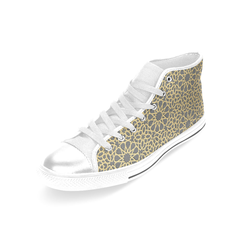 arabic star gold pattern Women's High Top Canvas Shoes White