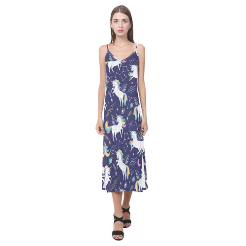 Hand drawn cute unicorn star planet V-Neck Open Fork Long Dress