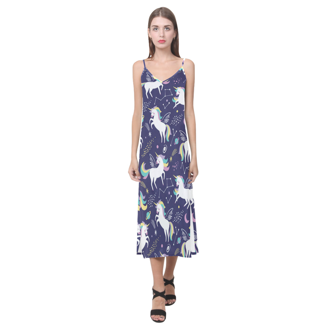 Hand drawn cute unicorn star planet V-Neck Open Fork Long Dress