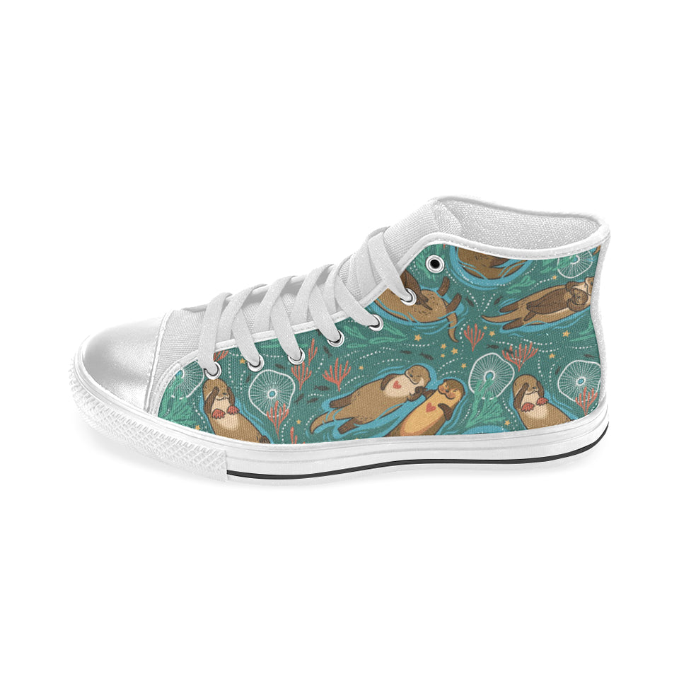 cute brown sea otters ornamental seaweed corals gr Women's High Top Canvas Shoes White