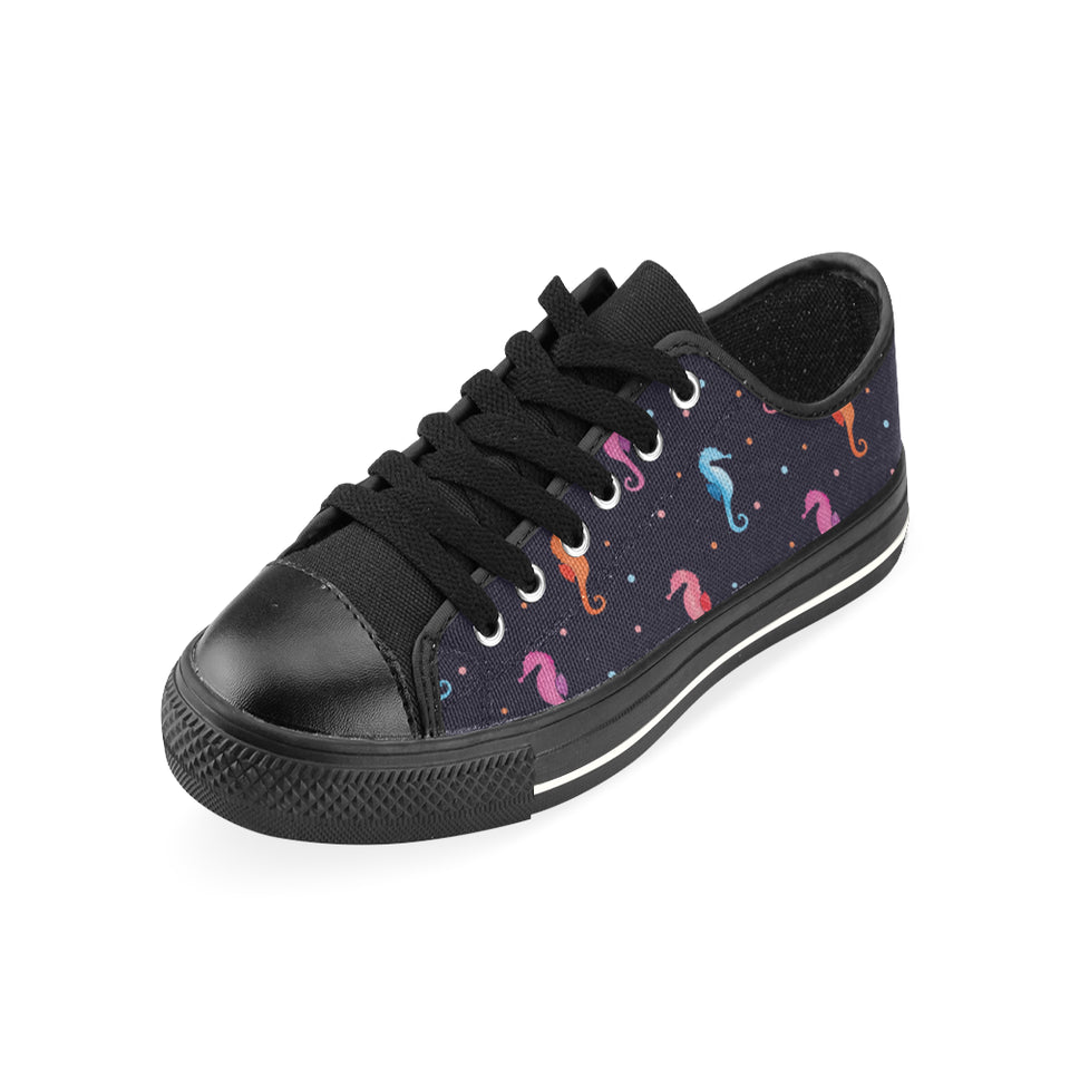 Watercolor colorful seahorse pattern Men's Low Top Canvas Shoes Black