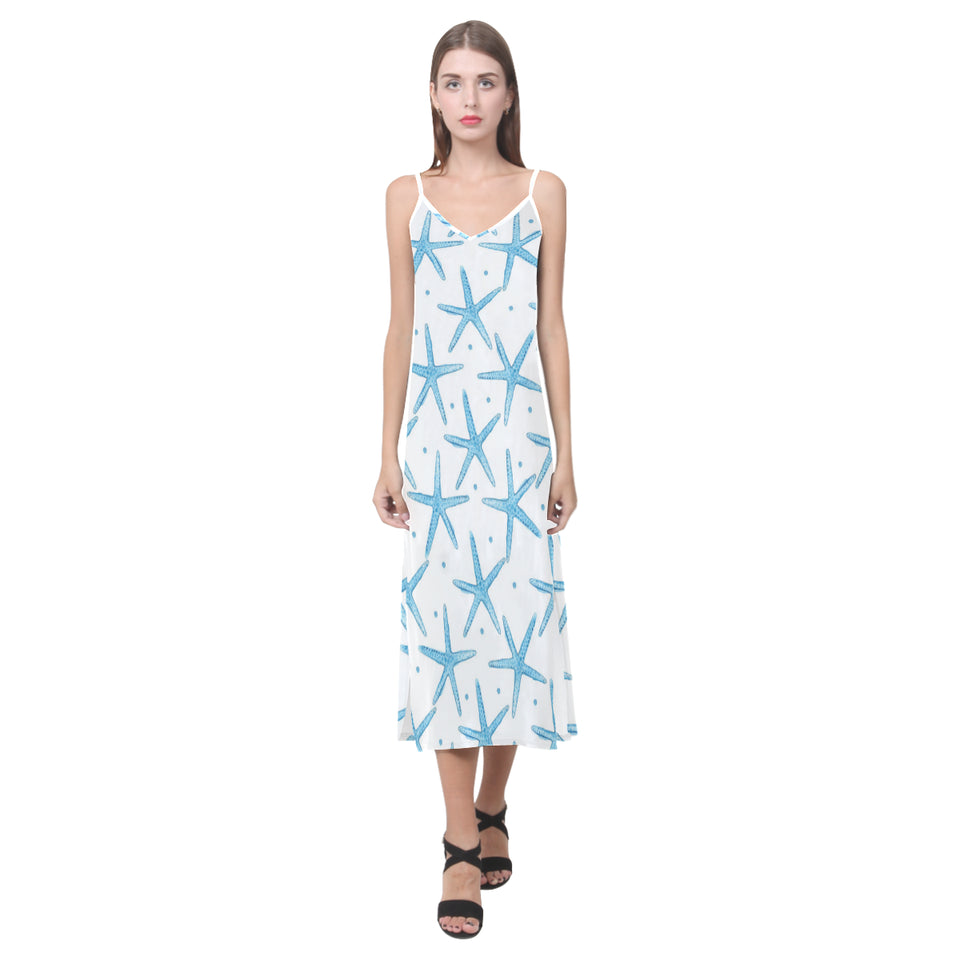 Watercolor starfish pattern V-Neck Open Fork Long Dress