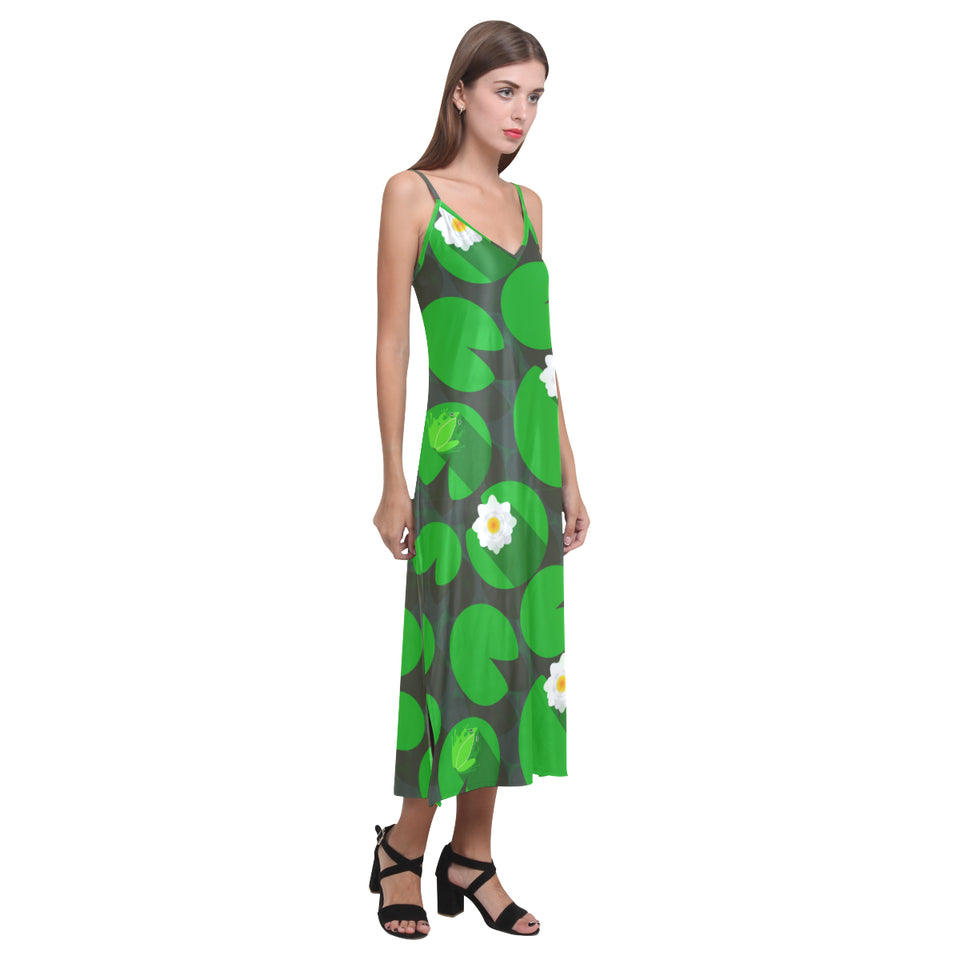 Frog waterlily pattern V-Neck Open Fork Long Dress