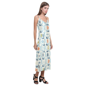 apples leaves pattern V-Neck Open Fork Long Dress