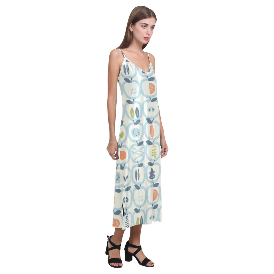apples leaves pattern V-Neck Open Fork Long Dress